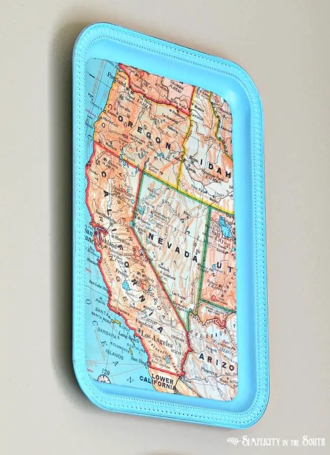 How To Make a DIY Dollar Tree Magnetic Map Memo Board Tray - Home Decor Organization Craft Tutorial: West coast California Oregon map tray