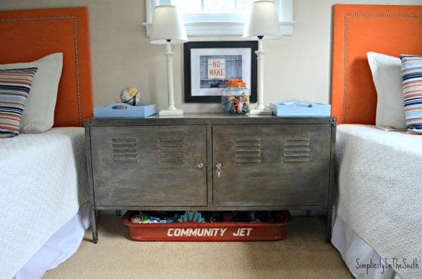Faux aged steel Ikea cabinet. Boy's shared bedroom by Simplicity In The South.