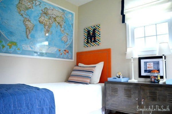 Laminated world map. Boy's shared bedroom by Simplicity In The South.