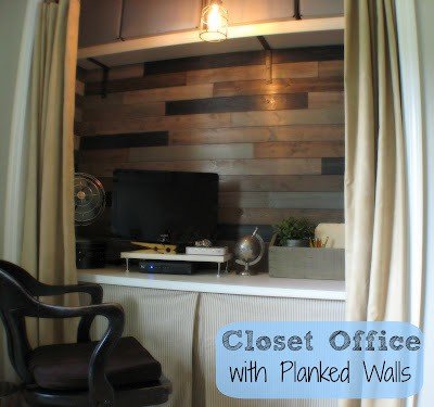 closet office with planked walls