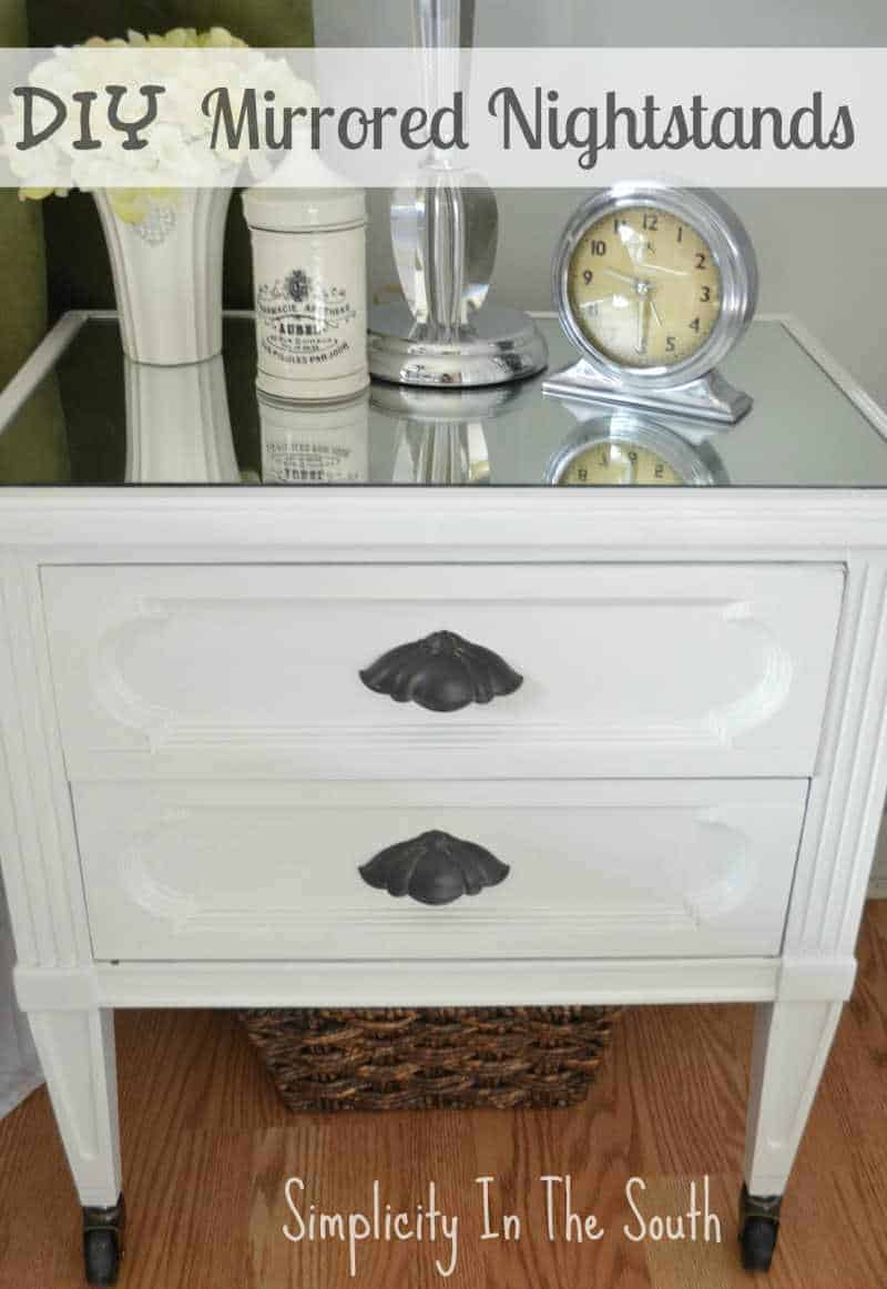 Looking for an idea on how to makeover your nightstands? This DIY project gives them a totally new look by painting them white, adding mirrors, trim molding, and caster wheels.