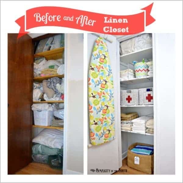 Before and after picture of organized linen closet