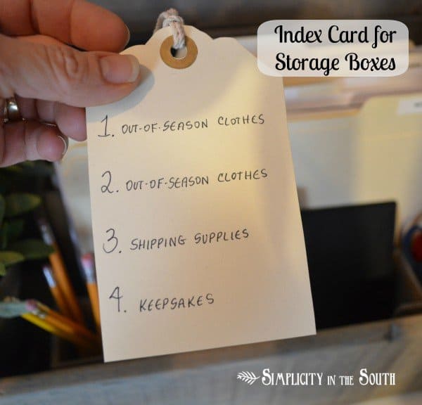 Organized office in a closet. Index card for storage boxes.