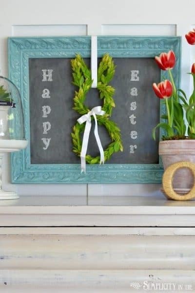Easter vignette with a boxwood bunny wreath