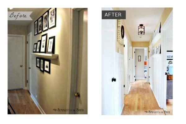 Before and after hallway:Need ideas for decorating your outdated hallway on a budget? This hallway was given board and batten wainscoting, DIY gallery wall shelves, new carriage style lighting, a DIY decorative air return cover and grasscloth