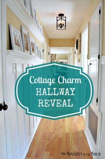 Need ideas for decorating your outdated hallway on a budget? This hallway was given board and batten wainscoting, DIY gallery wall shelves, new carriage style lighting, a DIY decorative air return cover and grasscloth