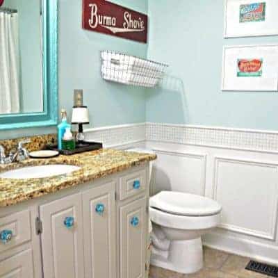 Turquoise and red bathroom with wainscoting reveal ideas