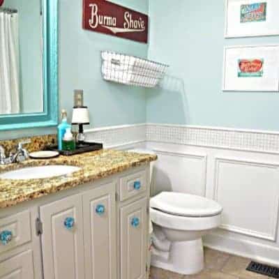 Turquoise and red bathroom with wainscoting reveal ideas