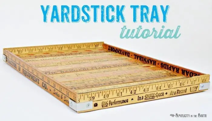How to make a repurposed yardstick tray:Add this to your list of repurposed yard stick ideas! Learn how to make a simple tray out of vintage yardsticks, plywood, L-brackets and wood glue.