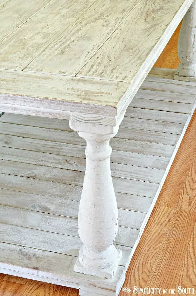 Distressed paint finish on a DIY baluster coffee table