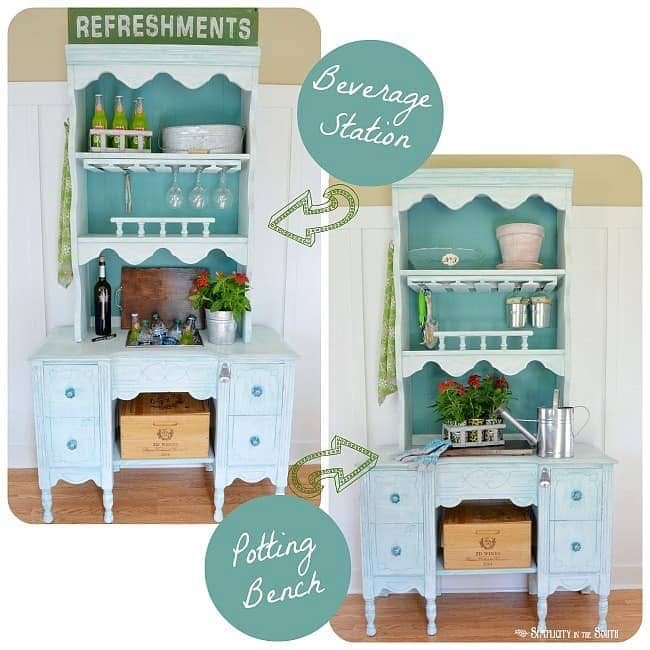 Repurpose a Hutch and Desk Into A Double-Duty Potting Bench and Beverage Station