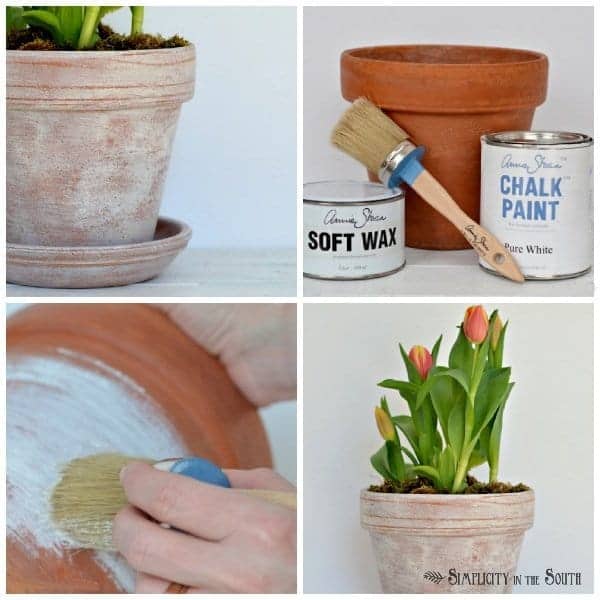 How to age flower pots. Make a paste by mixing Annie Sloan Chalk Paint and Wax.