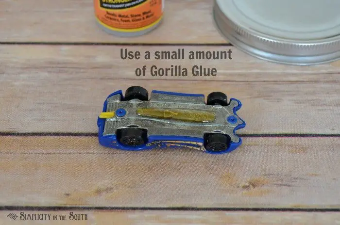 how to glue a toy car to a jar lid