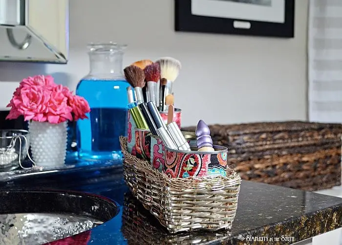 Easy and inexpensive makeup organization using fabric covered cans