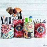 Easy Makeup Organization Using Fabric-Covered Tin Cans