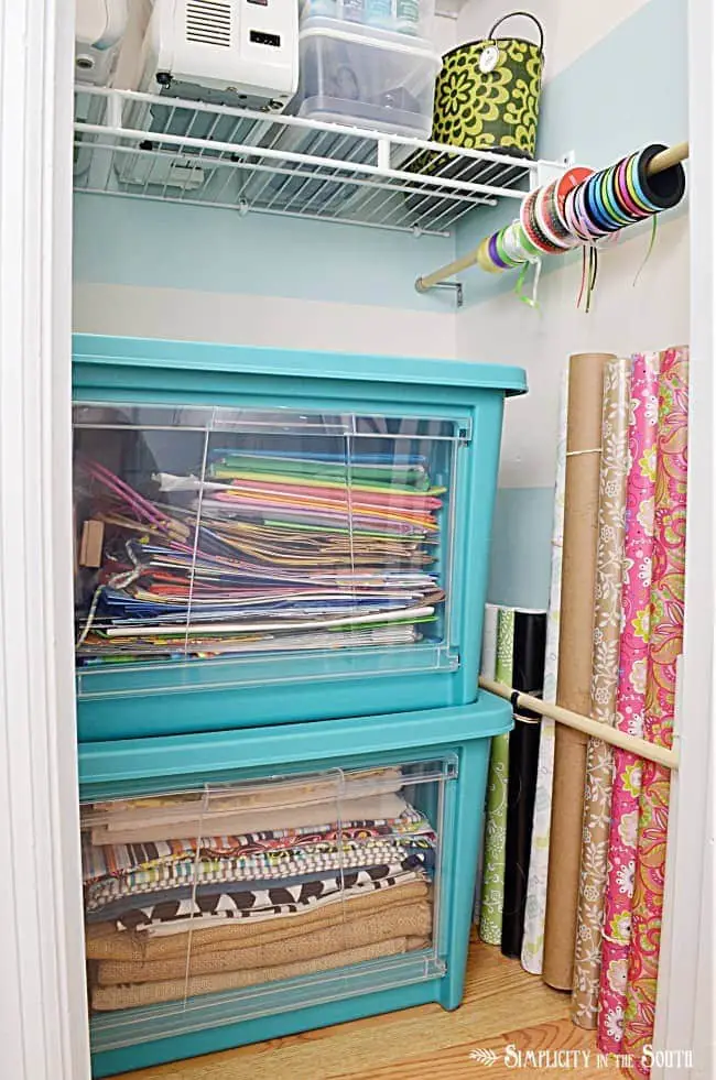 Wrapping paper and fabric storage- craft closet organization ideas