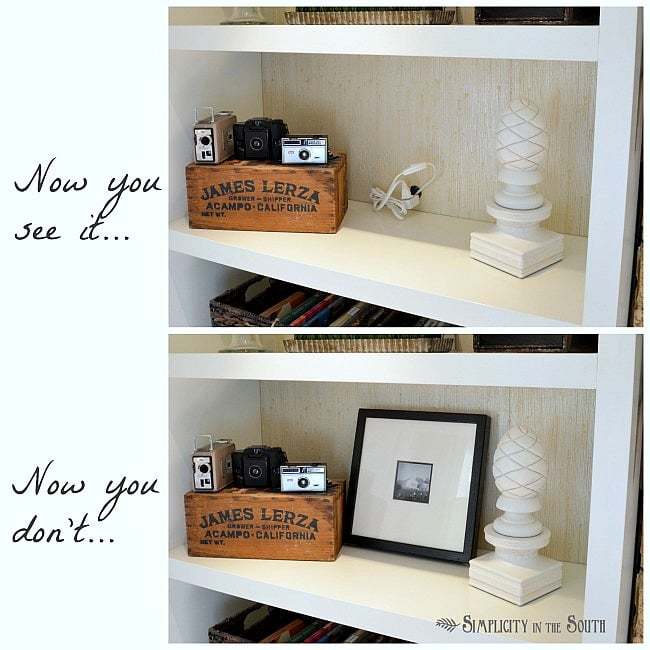 how to hide cords in a bookcase