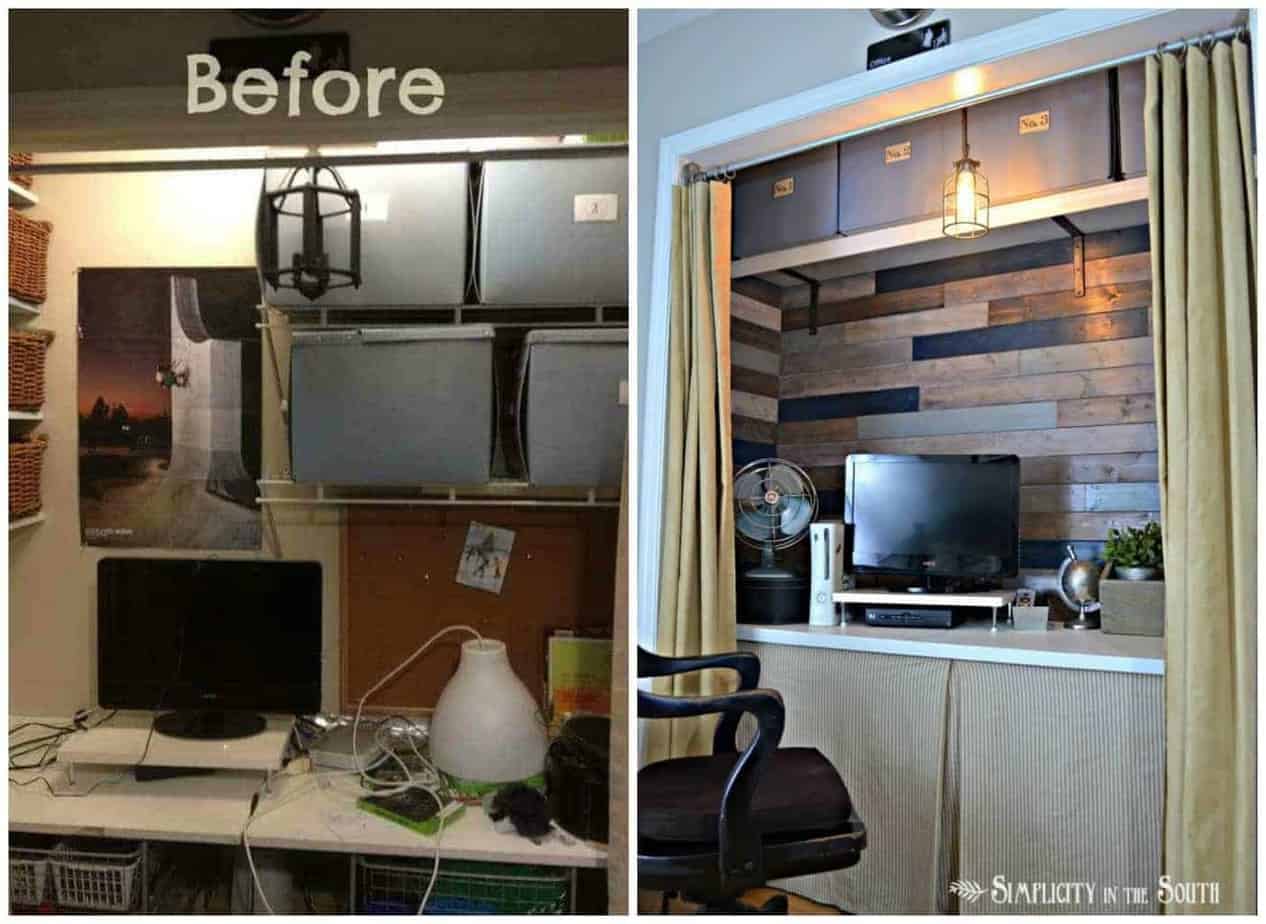before and after rustic industrial office-in-a-closet