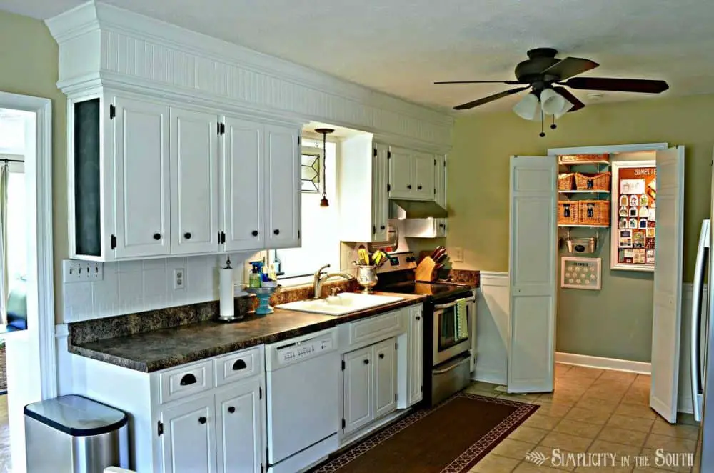 white kitchen with beadboard soffits