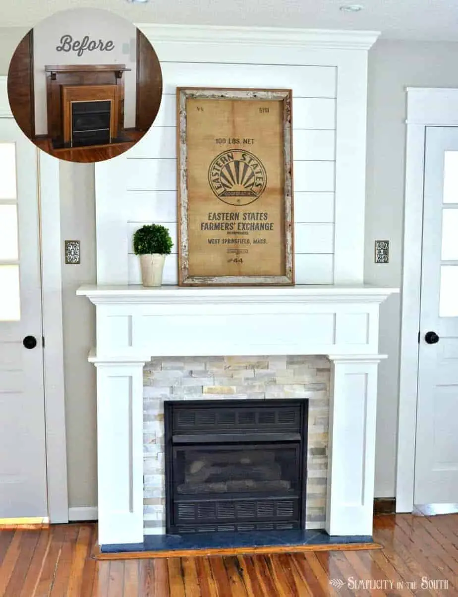 DIY Fireplace surround makeover with shiplap and a simple craftsman style trim. Before and after