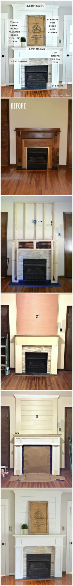 Such an easy way to do a DIY farmhouse style fireplace makeover on a budget with shiplap above the mantle and using stone tile and ply wood