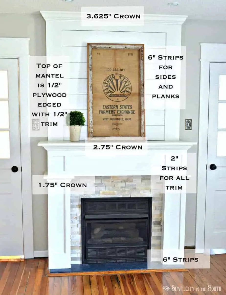 Trim work on a simple farmhouse style fireplace surround with shiplap