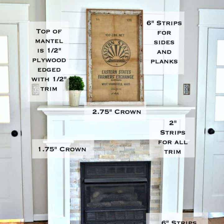 Trim work on a simple farmhouse style fireplace surround with shiplap