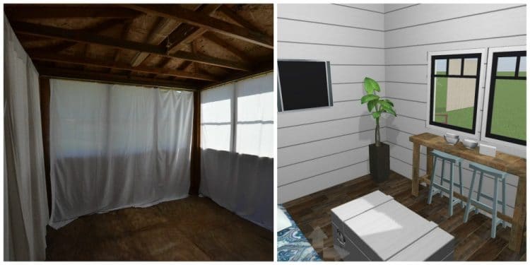 Part of the One Room Challenge, a garden shed is turned into a guest cottage shed with a modern farmhouse meets cozy cottage vibe