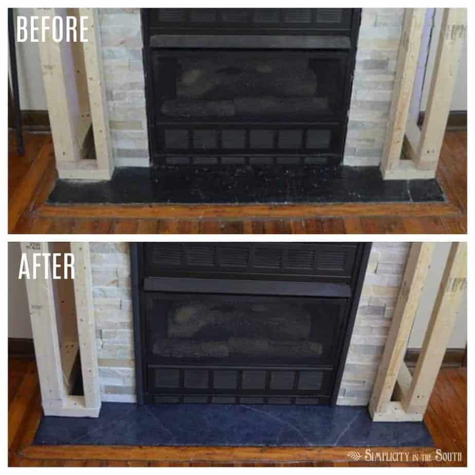 Before and after using soapstone paint technique on fireplace hearth