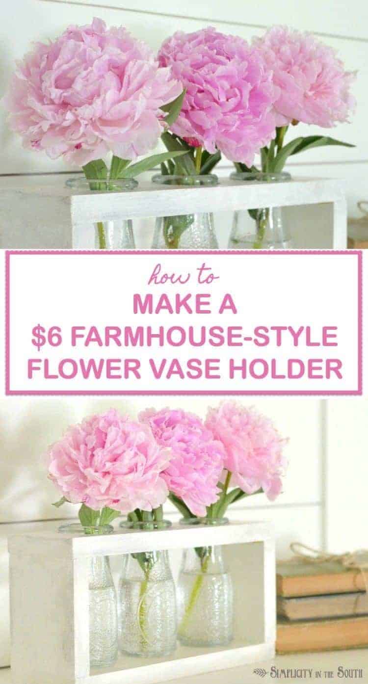 You can make this DIY wooden vase holder for $6 using milk bottle vases from the Dollar Tree. A video tutorial on this easy Dollar Tree craft is included.