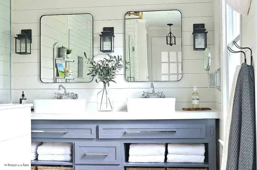 Modern farmhouse bathroom remodel with shiplap walls and Restoration Hardware knock off mirrors