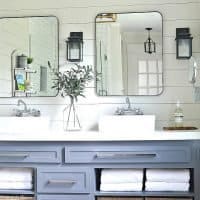Modern farmhouse bathroom remodel with shiplap walls and Restoration Hardware knock off mirrors