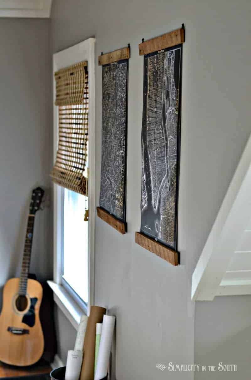 Restoration Hardware inspired lithrograph maps. How to hang a poster or picture using wood lath and d-ring hangers. 