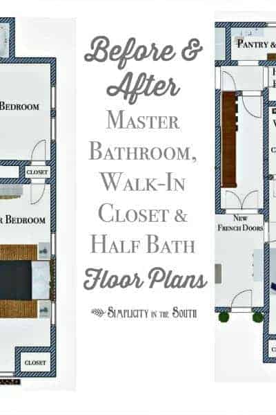 Before and after layout of the master bathroom, walk-in closet and half bath floor plans