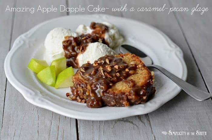 Amazing apple dapple cake with caramel pecan glaze