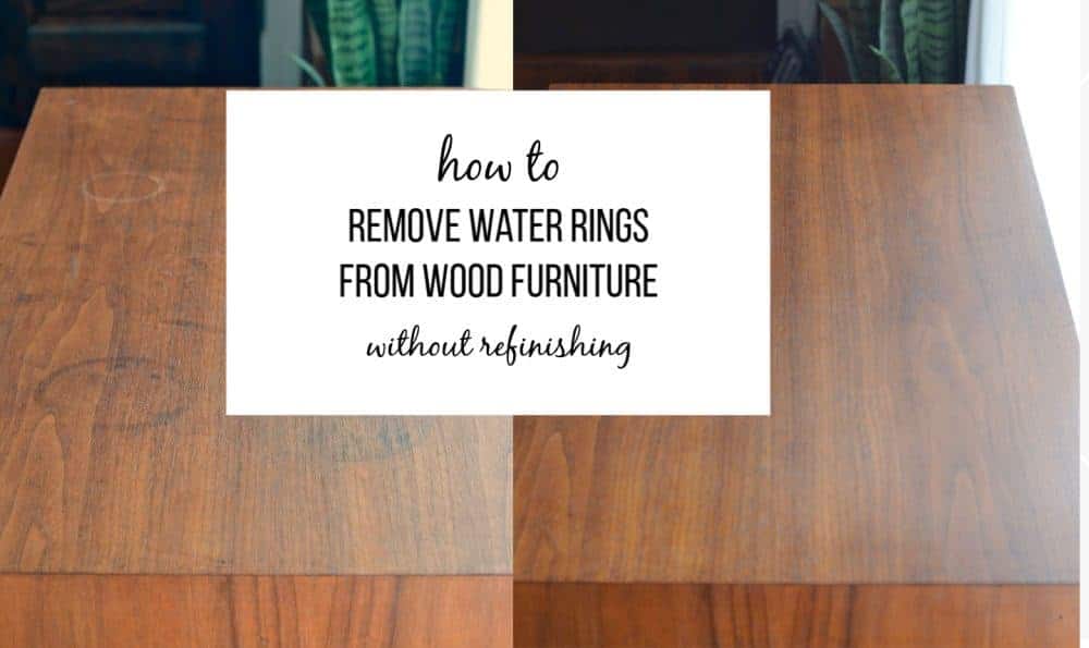 How to remove white and black water ring stains from furniture by using a common household cleaner and Howard's Restore-a-Finish when you don't want to strip your furniture. #waterrings