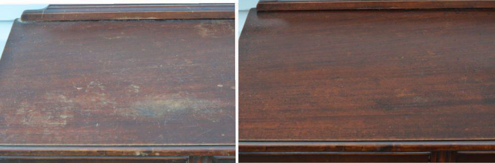 How to restore furniture without stripping: before & after using Howard Restor-A-Finish for removing white water stains and scratches. 