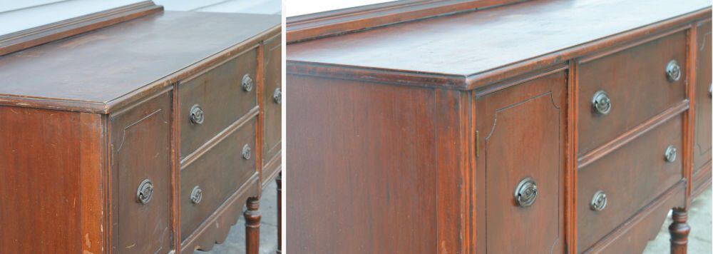 How to restore furniture without stripping: before & after using Howard Restor-A-Finish for removing white water stains and scratches.