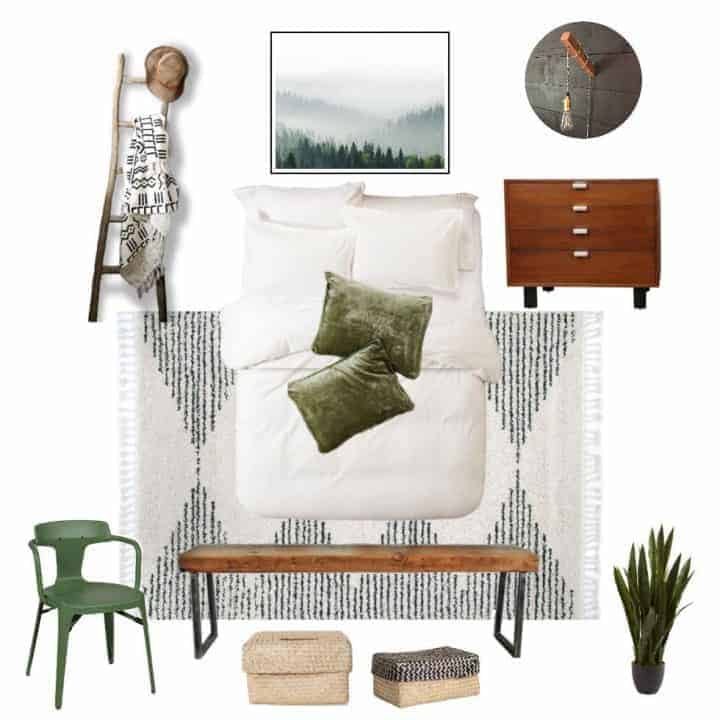 mood board for a cozy minimalist guest bedroom using a color palette of black, white, green, and warm wood tones. Texture is added with plants, velvet pillow shams, the throw blanket, a rug, and baskets.