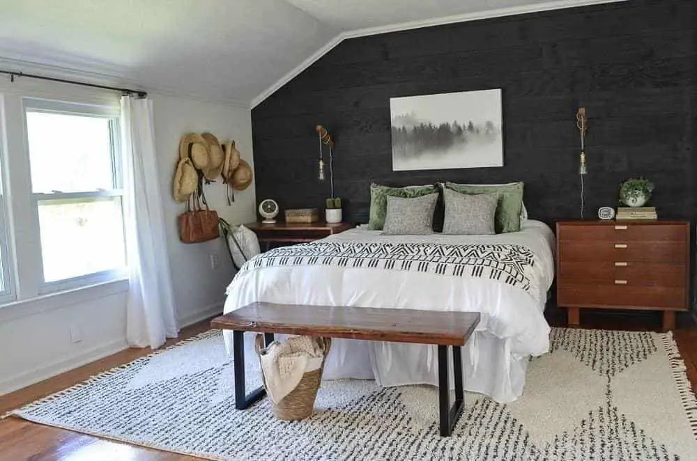 black shiplap cozy minimalist guest bedroom reveal