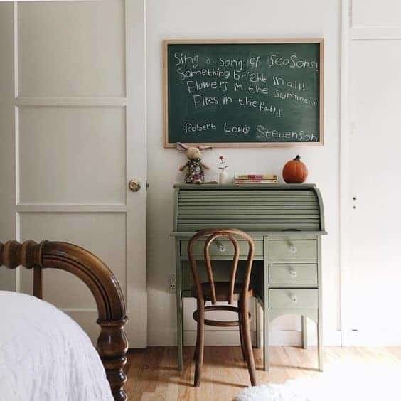green desk and chalkboard by The Small Folk on Instagram