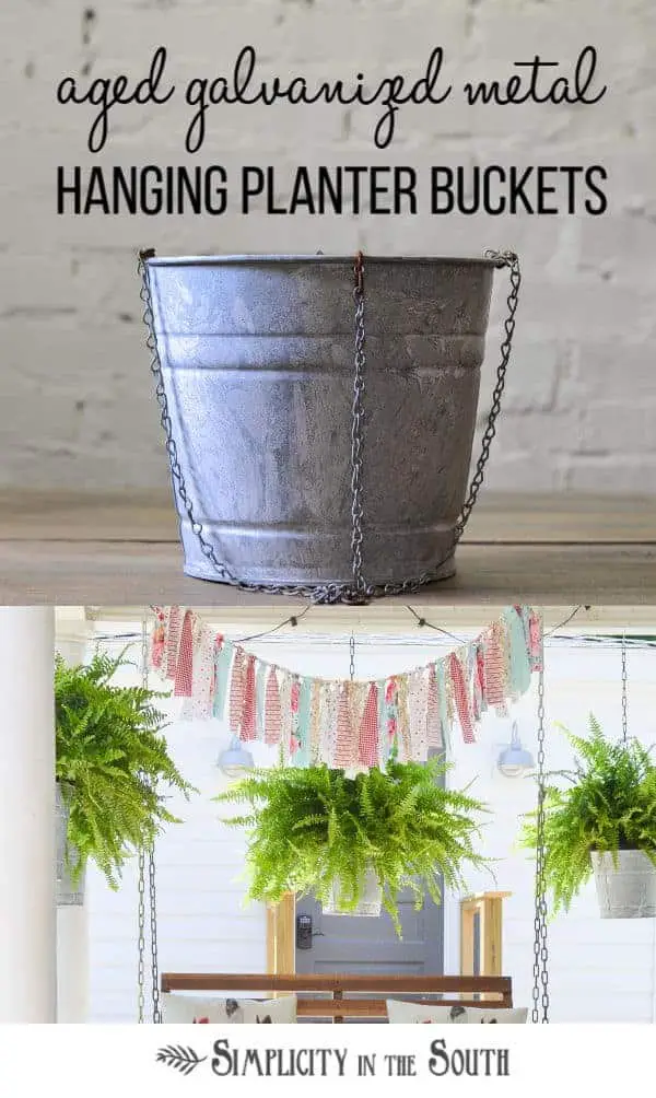 porch decorating idea using aged galvanized buckets as hanging planters