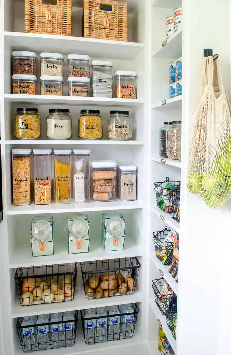 pantry shelving with labeled containers and jars