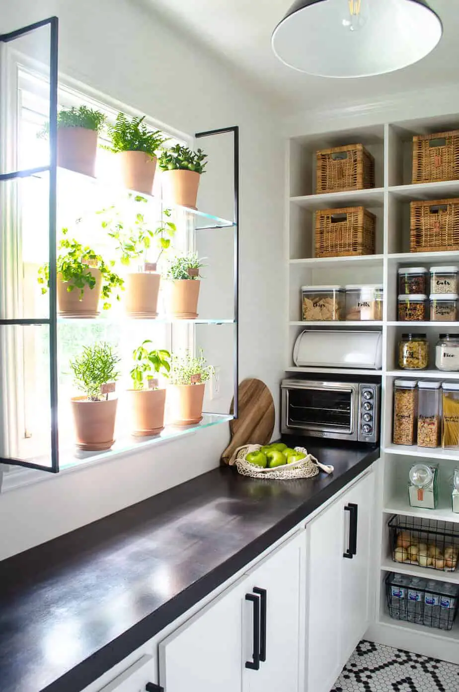 pantry with window herb garden shelf