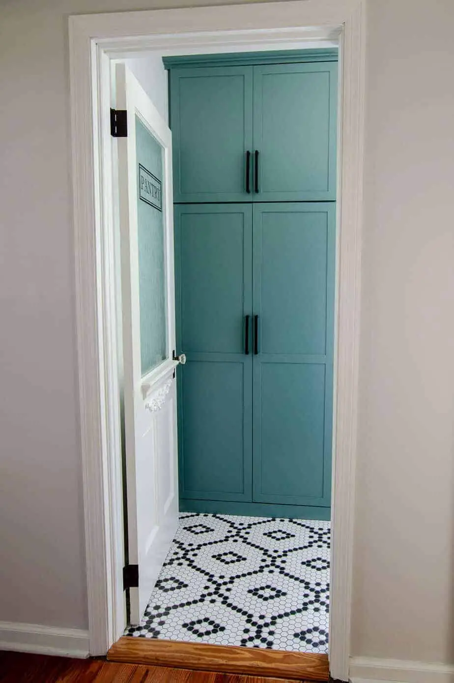 walk in pantry remodel with cabinets and glass pantry door