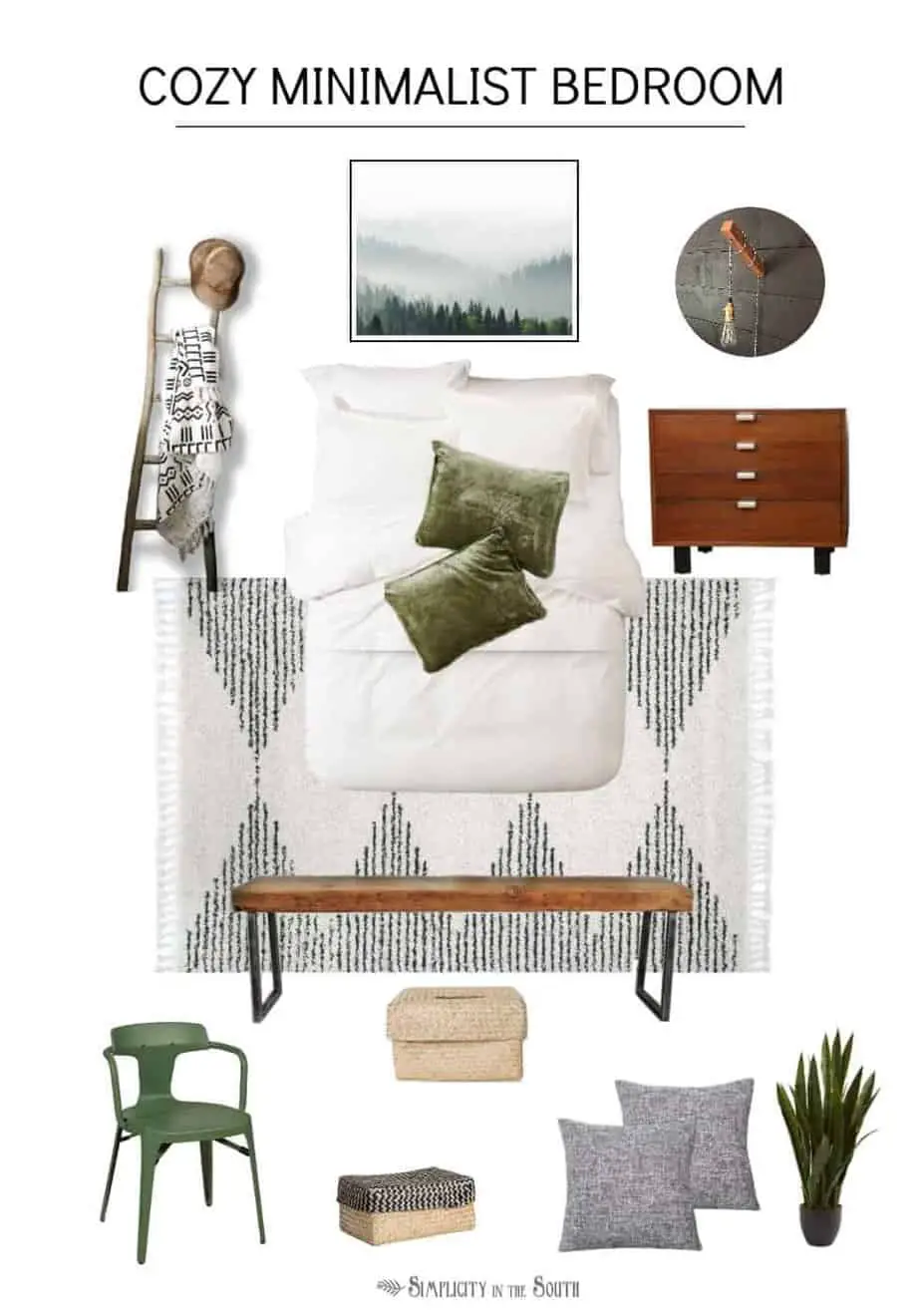 Cozy minimalist bedroom mood board with a combination of black, white, green, and wood tones. There are layers of texture with the global throw blanket, Moroccan print rug, velvet pillow shams, and baskets. 