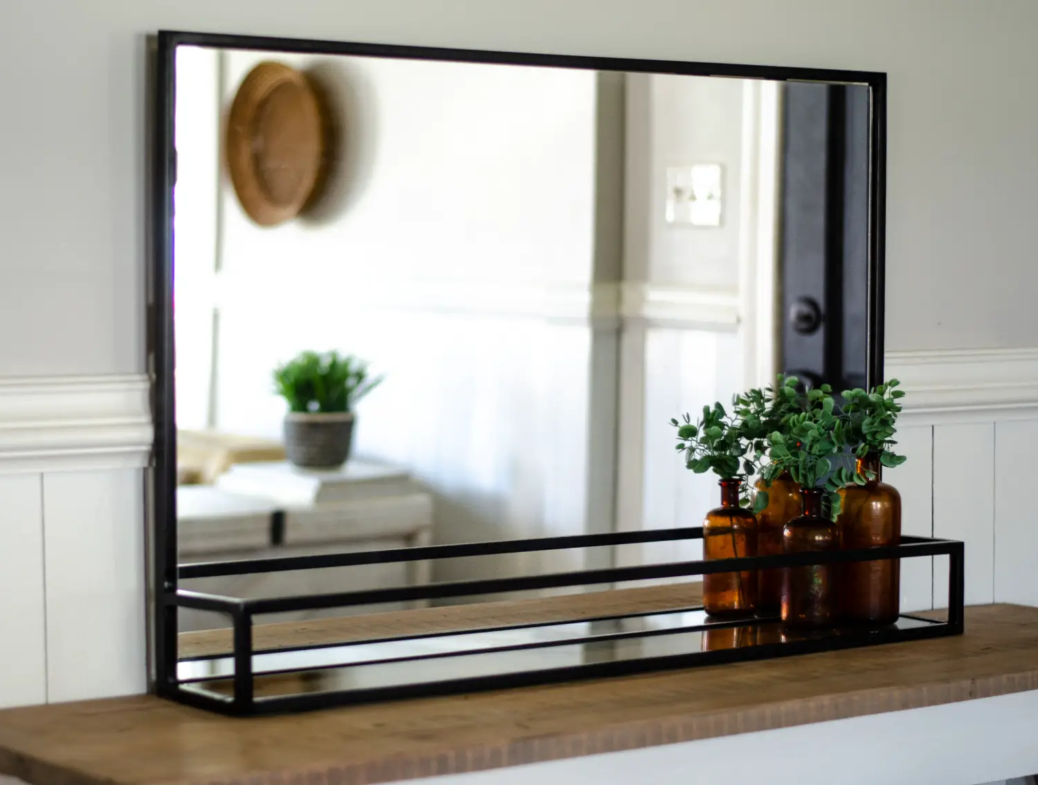 80x51cm Dark Grey Black Industrial Style Mirror with Shelf 